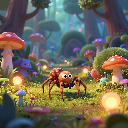 Whimsical CGI forest scene with a cute, wide-eyed spider, colorful mushrooms, glowing lights, and vibrant foliage. Bright, playful, and magical