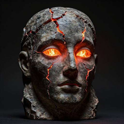 Glowing Cracked Stone Face Sculpture