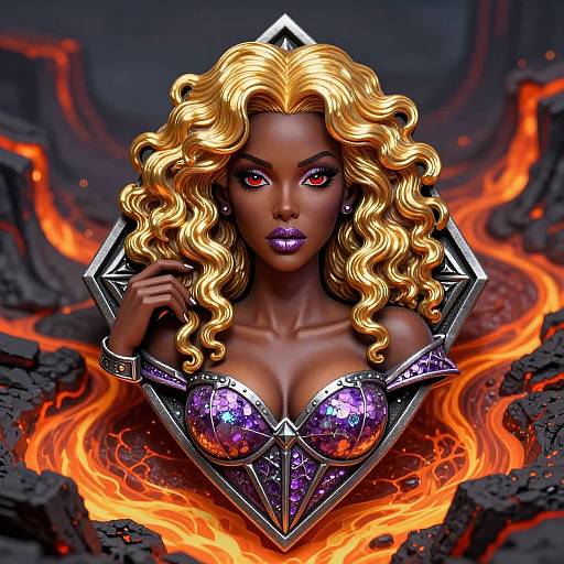 Digital artwork of a dark-skinned woman with golden curly hair, purple lipstick, and a metallic purple gemstone bra, framed by a diamond shape,
