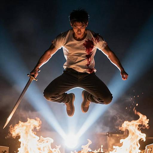 Man Leaping with Sword Amid Flames