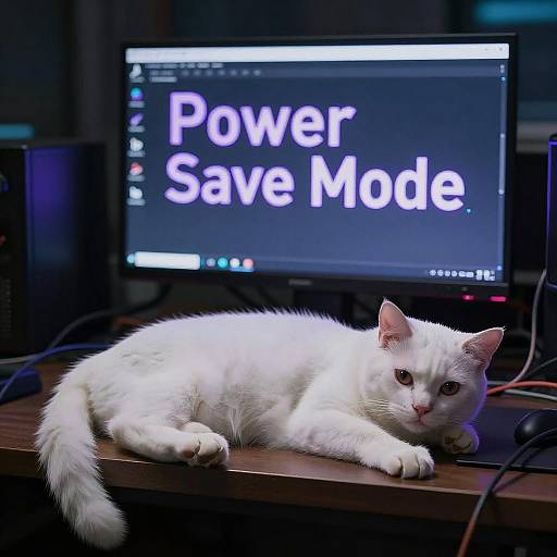 Photograph of a white cat lying on a wooden desk in front of a computer screen displaying 