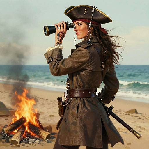 Nordic Pirate Woman, Trenchcoat & Spyglass