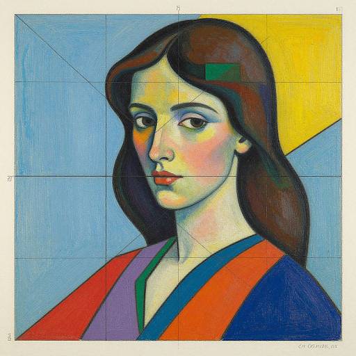 Geometric-style painting of a woman with brown hair, pale skin, and red lips, wearing a blue and red robe, against a blue and yellow