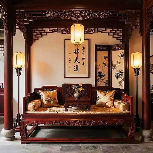 Traditional Chinese-style sitting room with ornate dark wood bed, gold cushions, lanterns, calligraphy art, and bamboo screen dividers. Photograph.