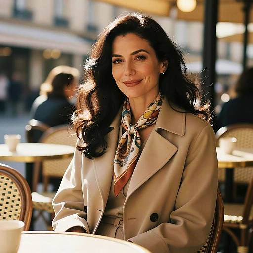 Photograph of a smiling woman with long, wavy dark hair, wearing a beige coat and colorful scarf, seated at a sunny outdoor café.