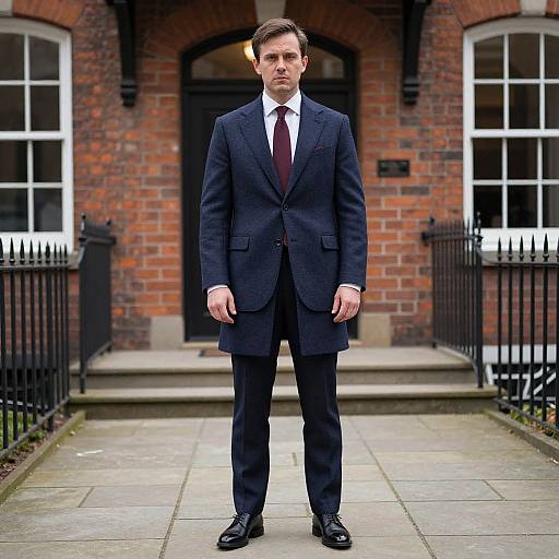 Photograph of a serious, fair-skinned man in a dark blue suit, white shirt, and red tie, standing on a brick path in front