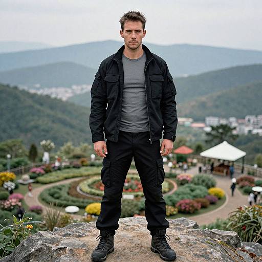 Photograph of a muscular man with short brown hair, wearing a black jacket, gray t-shirt, and black pants, standing on a rock in a