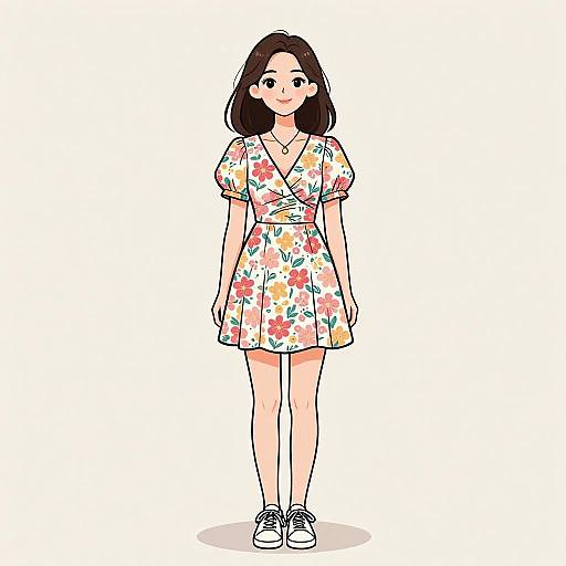 Digital illustration of an Asian woman with shoulder-length black hair, wearing a floral dress and white sneakers, standing against a white background.