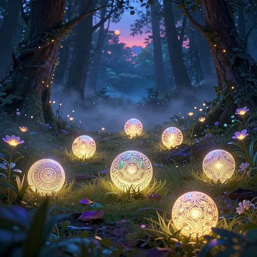Magical forest at twilight, illuminated by glowing, intricate, spherical lanterns among blooming flowers and surrounded by enchanted trees. Digital artwork.