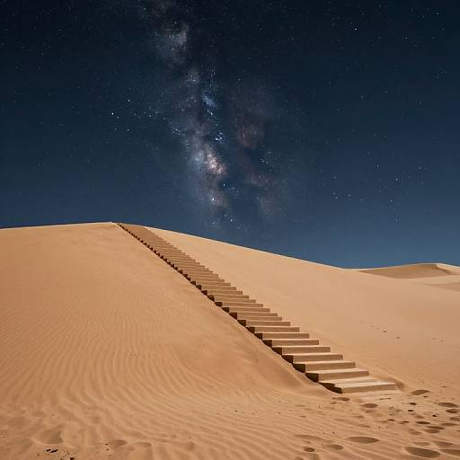 Photograph of a starry night sky over a vast, sandy desert with a long, straight staircase cutting through rippled dunes. The Milky Way
