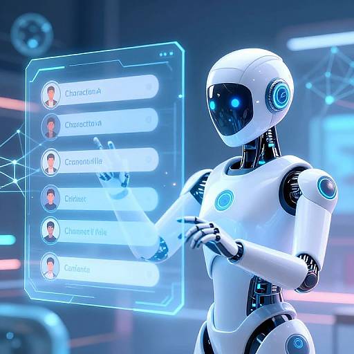 Photorealistic digital image of a white, blue-accented humanoid robot with glowing eyes selecting names from a holographic interface. Background features neon lights