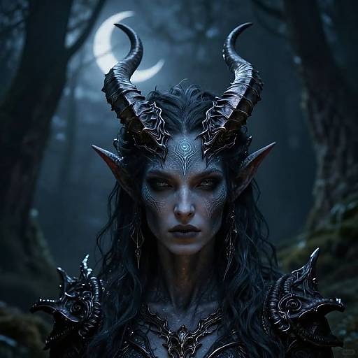 Digital fantasy artwork of a dark elf with black, wavy hair, glowing blue face, and intricate black horns, standing in a moonlit forest.