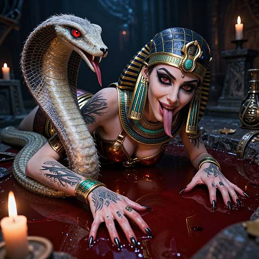 Digital artwork: Egyptian woman with tattoos, gold headpiece, and jewelry, lying in blood, tongue out, snake on back, candles lit.