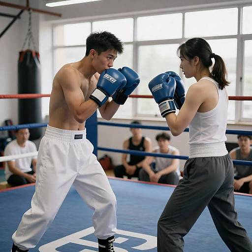 Dynamic Boxing Match in Bright Gym
