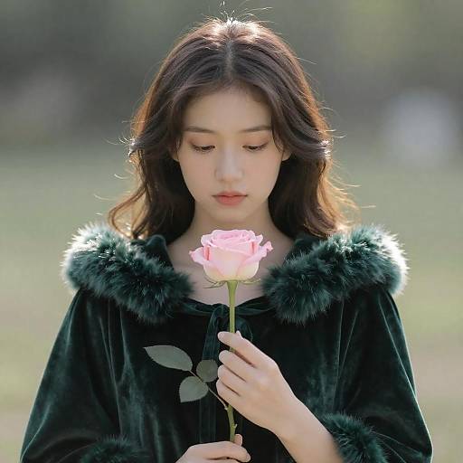 Gentle Woman in Velvet Cloak with Rose