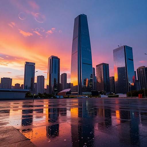 Photograph of a cityscape at sunset with a tall, reflective skyscraper centered, surrounded by shorter buildings, vibrant orange and purple sky, and wet