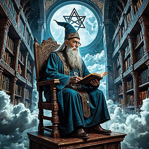 Elderly Wizard in Floating Ancient Library