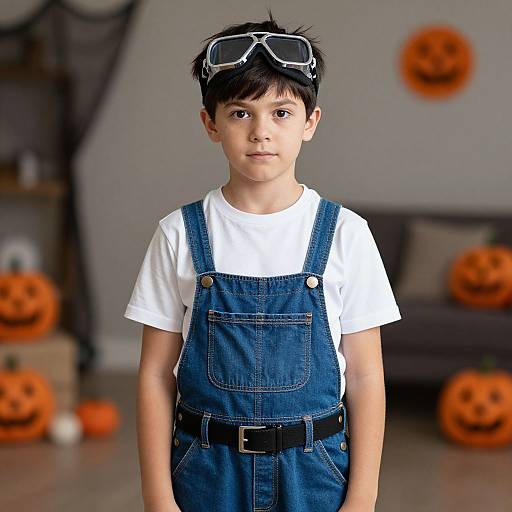 Young boy with black hair wearing goggles, white shirt, blue denim overalls, standing in Halloween-decorated room with carved pumpkins. Photograph.