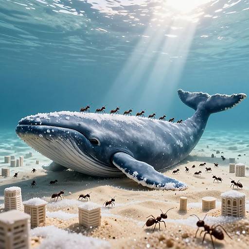 Digital artwork of a massive blue whale with numerous small black birds on its back, surrounded by miniature skyscrapers and ants on a sunlit underwater sandy