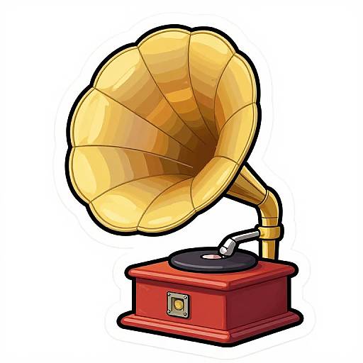 Digital illustration of a vintage-style, red wooden phonograph with a large, gold-colored horn and black record turntable, set against a white background.