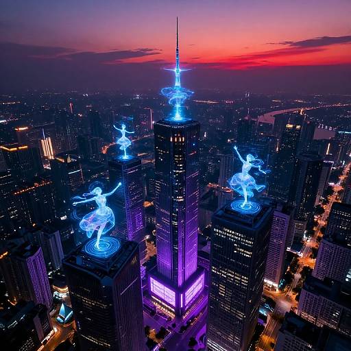 Aerial photograph of New York City at dusk, featuring the Empire State Building illuminated with blue and purple lights, topped with glowing blue statues against a vibrant