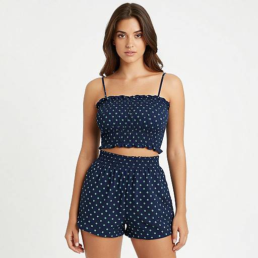 Photograph of a young woman with long brown hair, wearing a blue, spaghetti-strap, polka-dot crop top and matching high-waisted