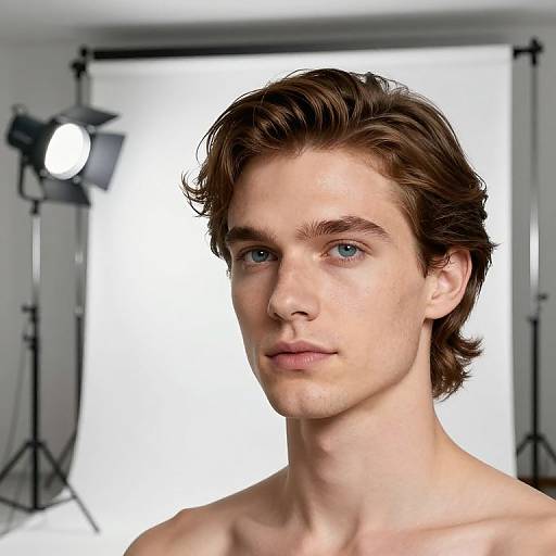 Photograph of a young, fair-skinned man with blue eyes, brown wavy hair, and a clean-shaven face, shirtless, in