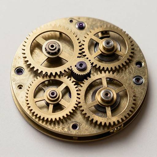 Close-up photograph of intricate brass clockwork gears with interlocking teeth, blue screws, and metallic textures on a white background.