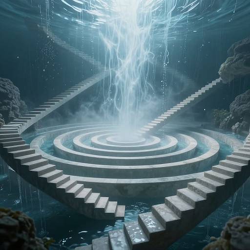 Photorealistic CGI of a futuristic underwater staircase leading to a glowing, circular water fountain with a cascading light effect.