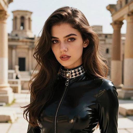 Photograph of a young woman with long brown hair, wearing a black glossy leather catsuit and a silver checkered choker, standing in a sun