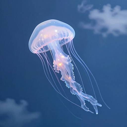 Photograph of a glowing, translucent jellyfish with long, flowing tentacles against a deep blue ocean background, illuminated by soft white light.