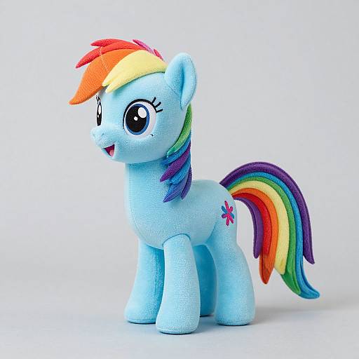 Photograph of a colorful, plush, blue My Little Pony with rainbow mane and tail, large black eyes, and a pink star cutie mark,