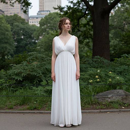 Photograph of a fair-skinned woman with brown hair in an elegant white V-neck sleeveless gown, standing in a lush urban park with tall trees
