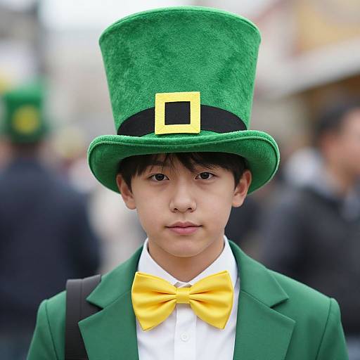 Photograph of an Asian boy with fair skin, wearing a green top hat with yellow buckle, green jacket, yellow bow tie, and white shirt,