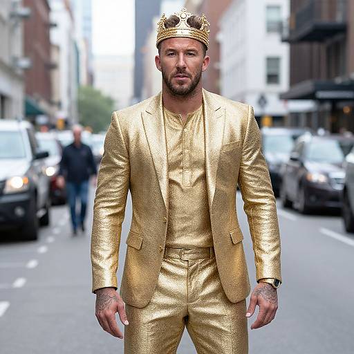 Photograph of a bearded man with a gold crown and metallic gold suit, walking down a city street with blurred cars and buildings in the background.