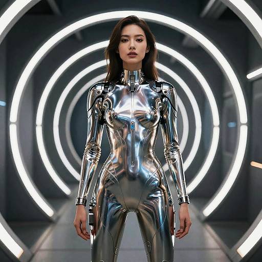 Photograph of a serious woman in a shiny, metallic silver latex bodysuit standing in front of a circular, neon light tunnel.