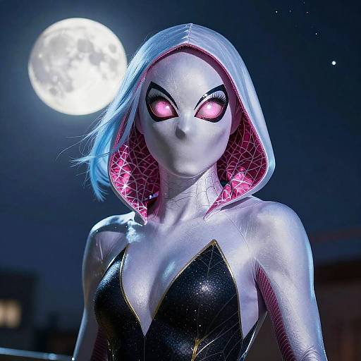 Spider-Gwen in Black and Gold Suit Under Moonlight