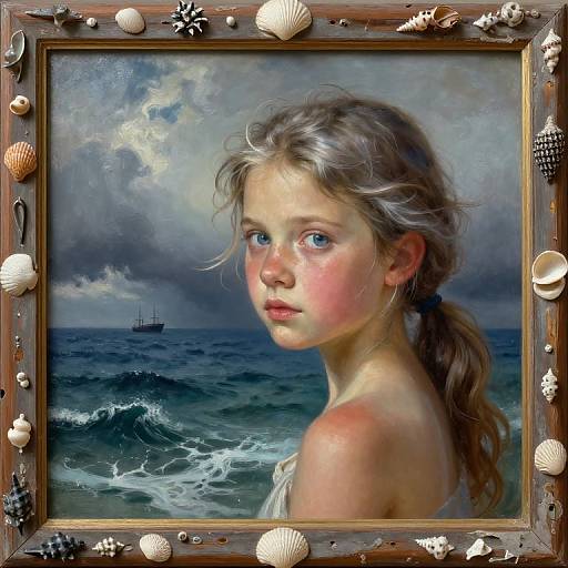 Photorealistic painting of a young girl with blue eyes and pink cheeks, looking back over her shoulder, framed with seashells, against a storm