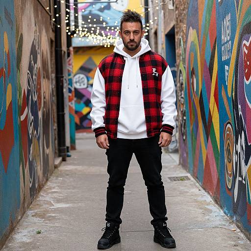 Photograph of a bearded man with short, spiked hair, wearing a red and white plaid jacket over a white hoodie, black pants, and