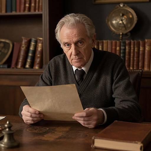 Photograph of an elderly man with white hair, wearing a dark knit sweater and tie, intently reading a parchment in a wooden study with booksh