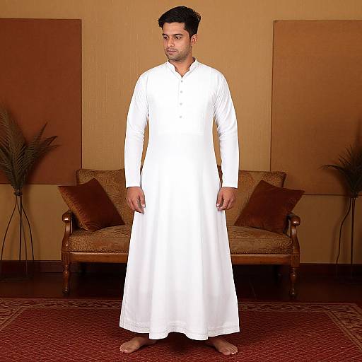Photograph of a Middle Eastern man with dark hair in a white traditional long robe standing barefoot in a warmly lit living room.
