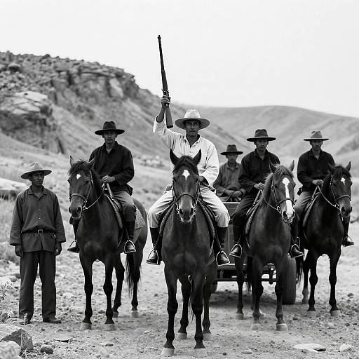 Six Men on Horses in Desert Landscape