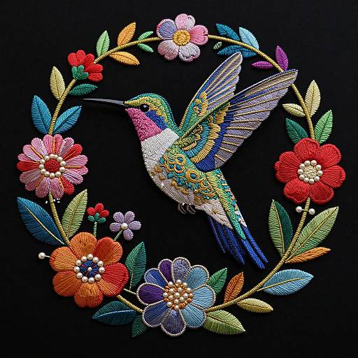 Vibrant embroidery of a hummingbird with multicolored feathers, surrounded by a circular wreath of red, pink, orange, and blue flowers