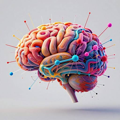 Digital artwork of a colorful, abstract, 3D human brain with vibrant pink, blue, orange, and red hues, surrounded by glowing dots and