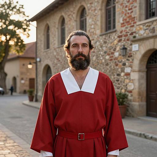 Photograph of a bearded man with long dark hair, wearing a red robe with white collar, standing in front of a stone building at sunset.