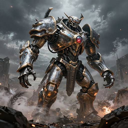 Digital artwork of a massive, silver, robotic warrior with a red gem on its chest, standing in a ruined, smoke-filled cityscape under a storm