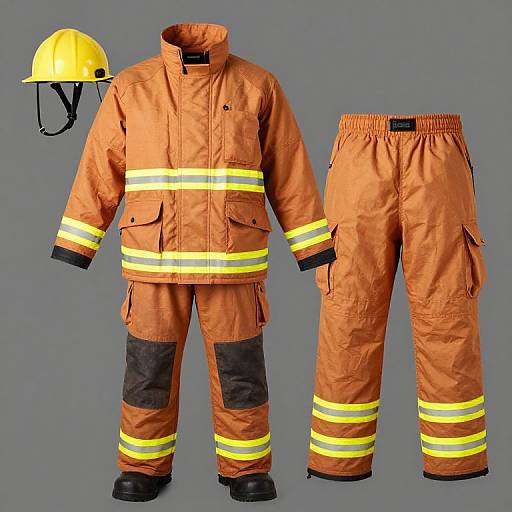 Photograph of orange firefighter uniform including jacket with reflective stripes, matching pants, and yellow helmet on gray background.