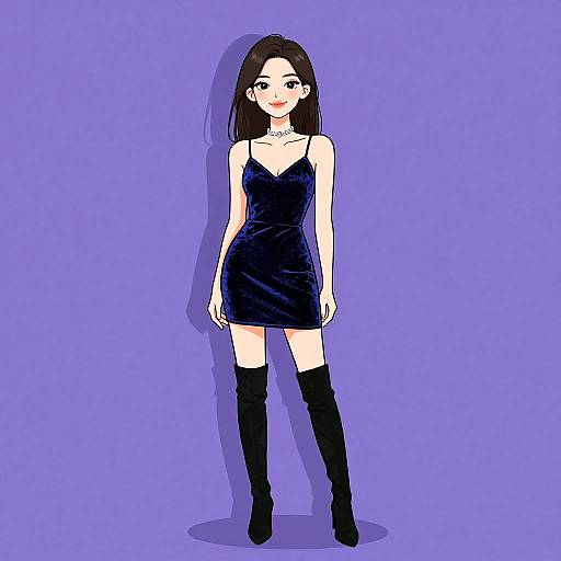 Digital anime-style drawing of a young woman with pale skin, black shoulder-length hair, wearing a black velvet mini-dress, choker, and thigh