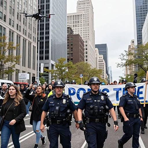 Photograph of police officers in black uniforms and helmets walking in front of a large 