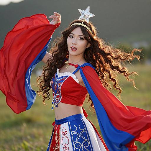 Photograph of an Asian woman with long wavy brown hair, wearing a red and blue star-themed costume, mid-motion, outdoors with mountains in the